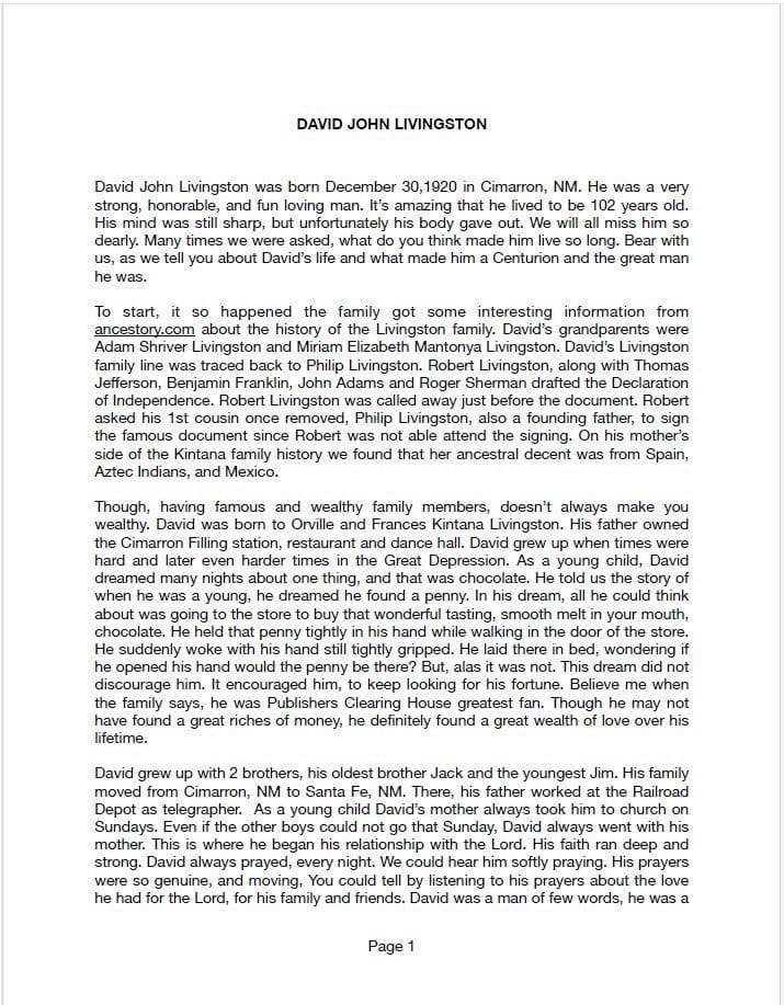 david john livingston eulogy screenshot of first page