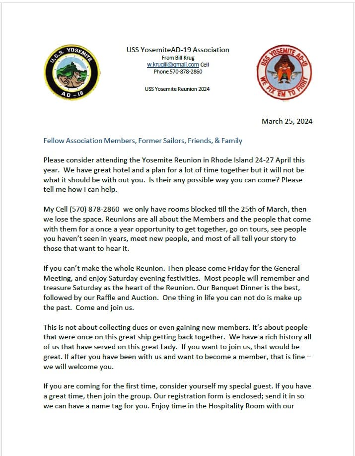 USS Yosemite Association Reunion March 2024 Newsletter