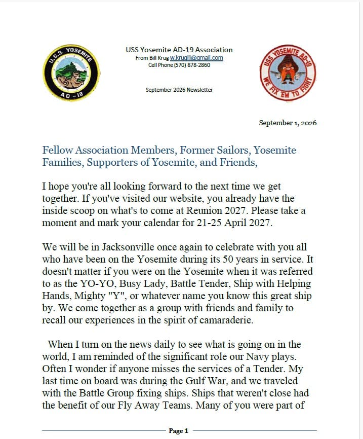 2027 Jacksonville Reunion - September 2026 newsletter